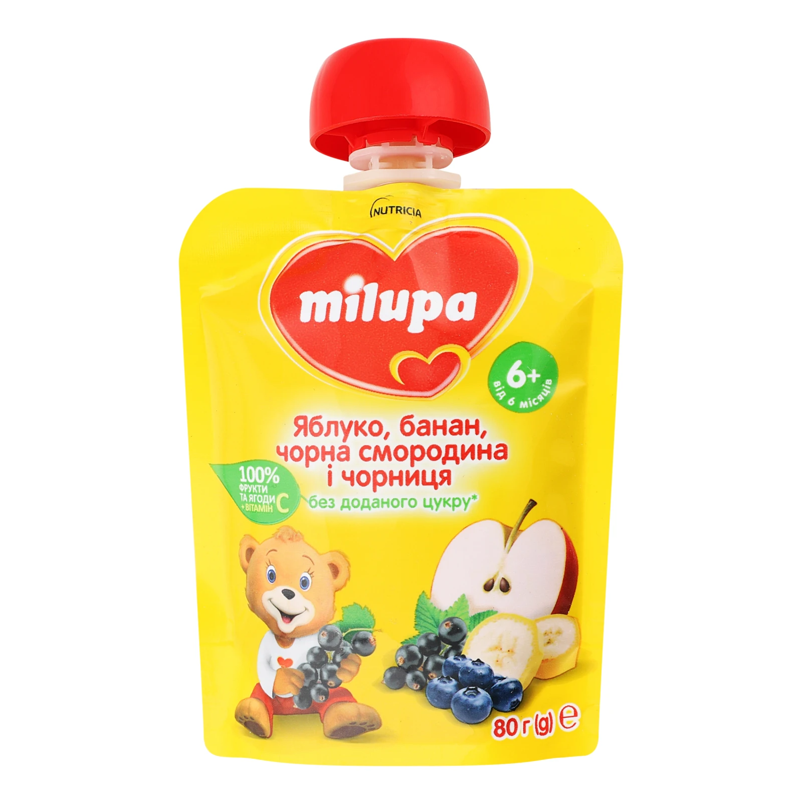 Пюре Milupa 80г яблуко-банан-чорна смородина-чорниця з 6міс пауч Новинка Фото №:1