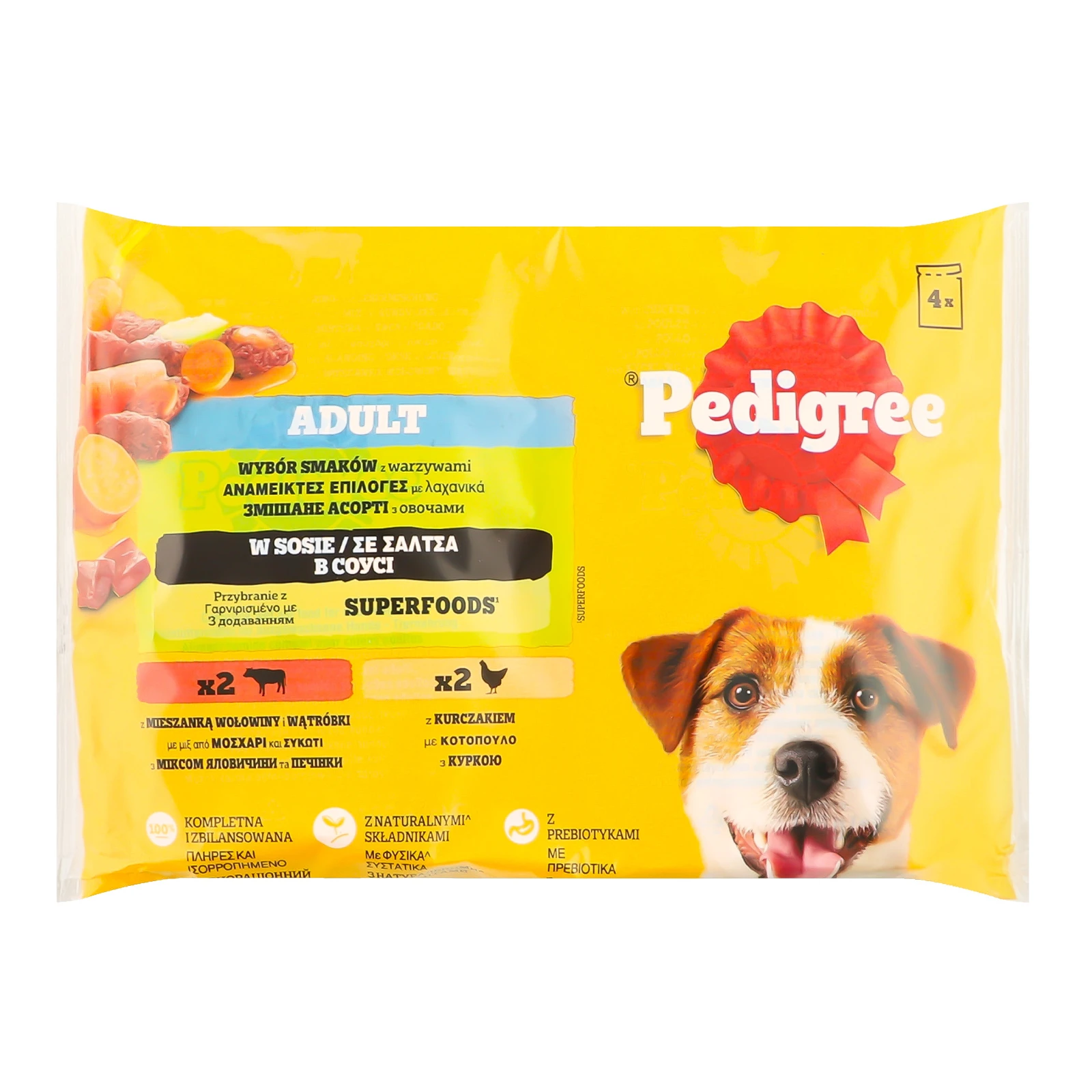 Корм для собак Pedigree Асорті з овочами консервованих для дорослих собак з яловичиною та печінкою, з куркою 4х100г Фото №:1