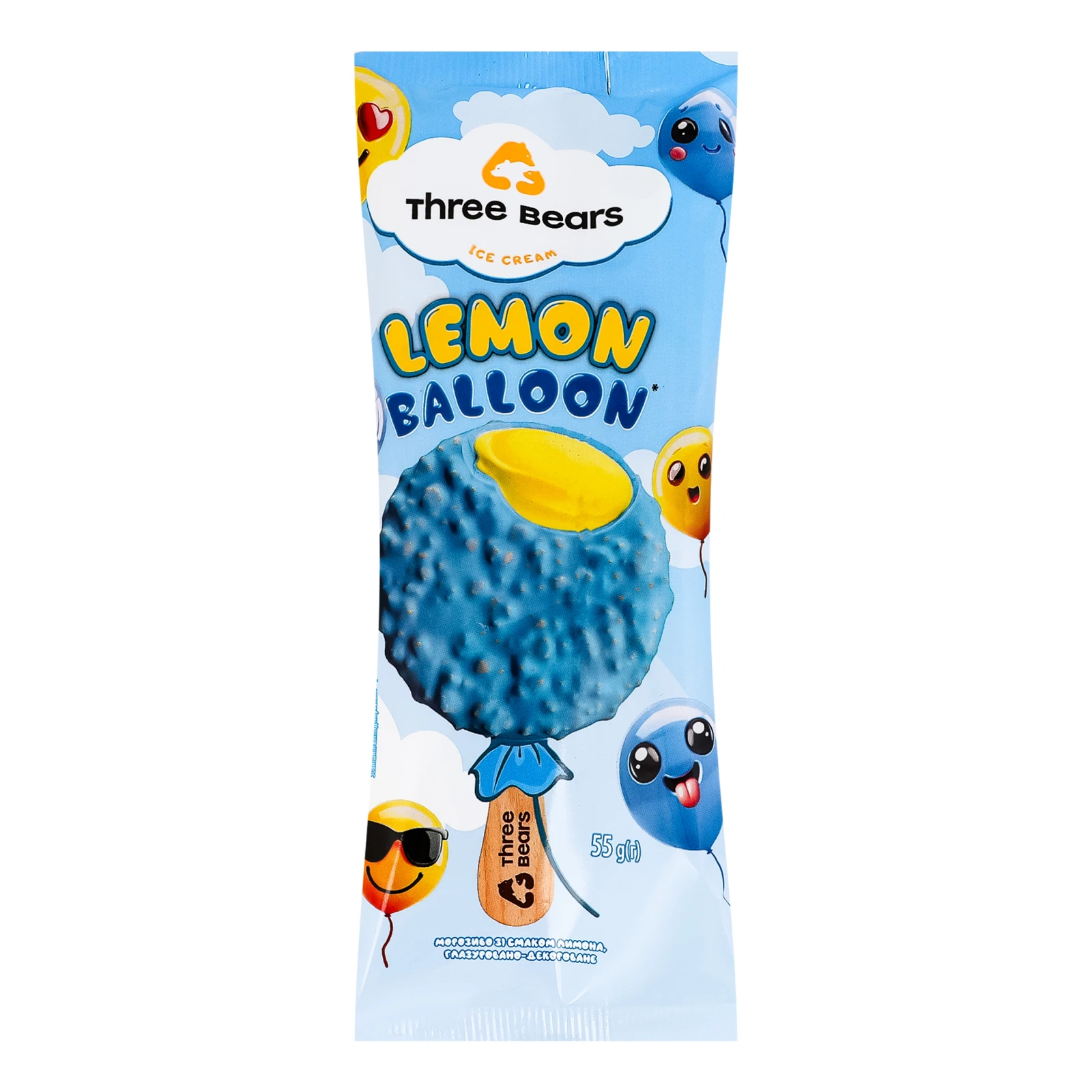 Морозиво Three bears Lemon balloon в кондитерській глазурі з вибуховою карамеллю зі смаком лимона 55г Фото №:1