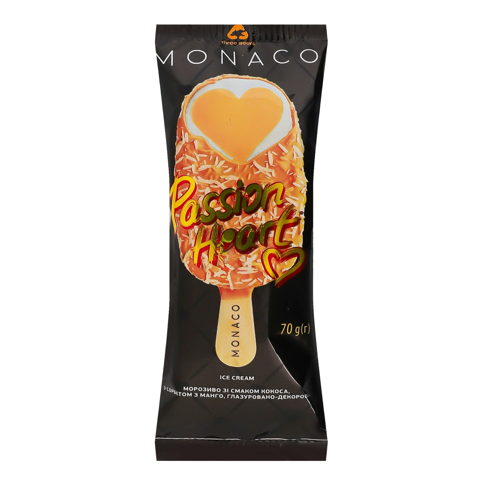 Морозиво Three bears Monaco Passion heart в кондитерській глазурі зі смаком кокоса з сорбетом з манго 70г Фото №:1