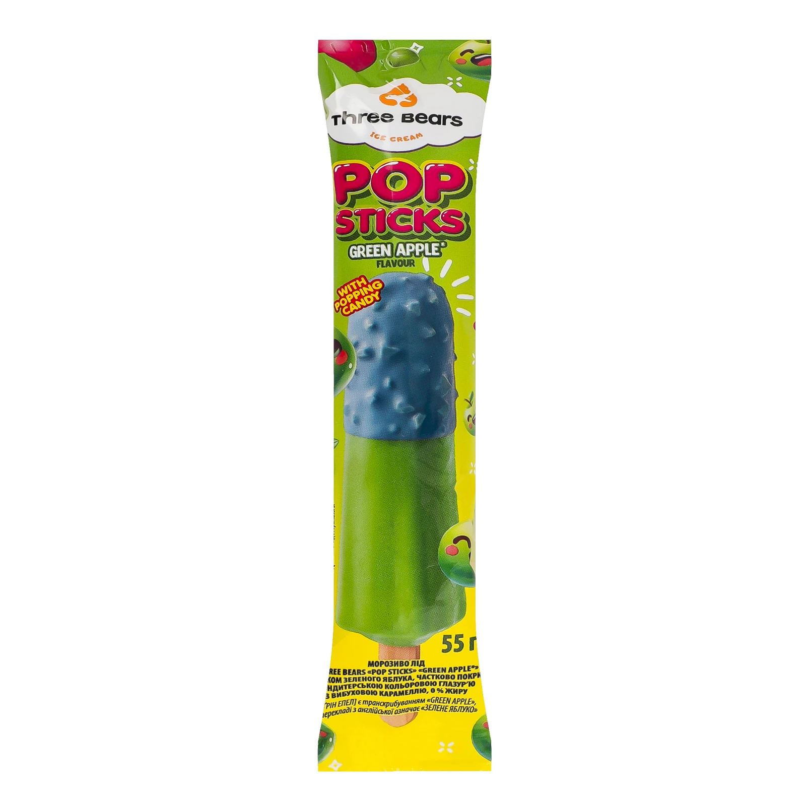 Морозиво Three bears Pop sticks лід з вибуховою карамеллю зі смаком зеленого яблука 55г Фото №:1