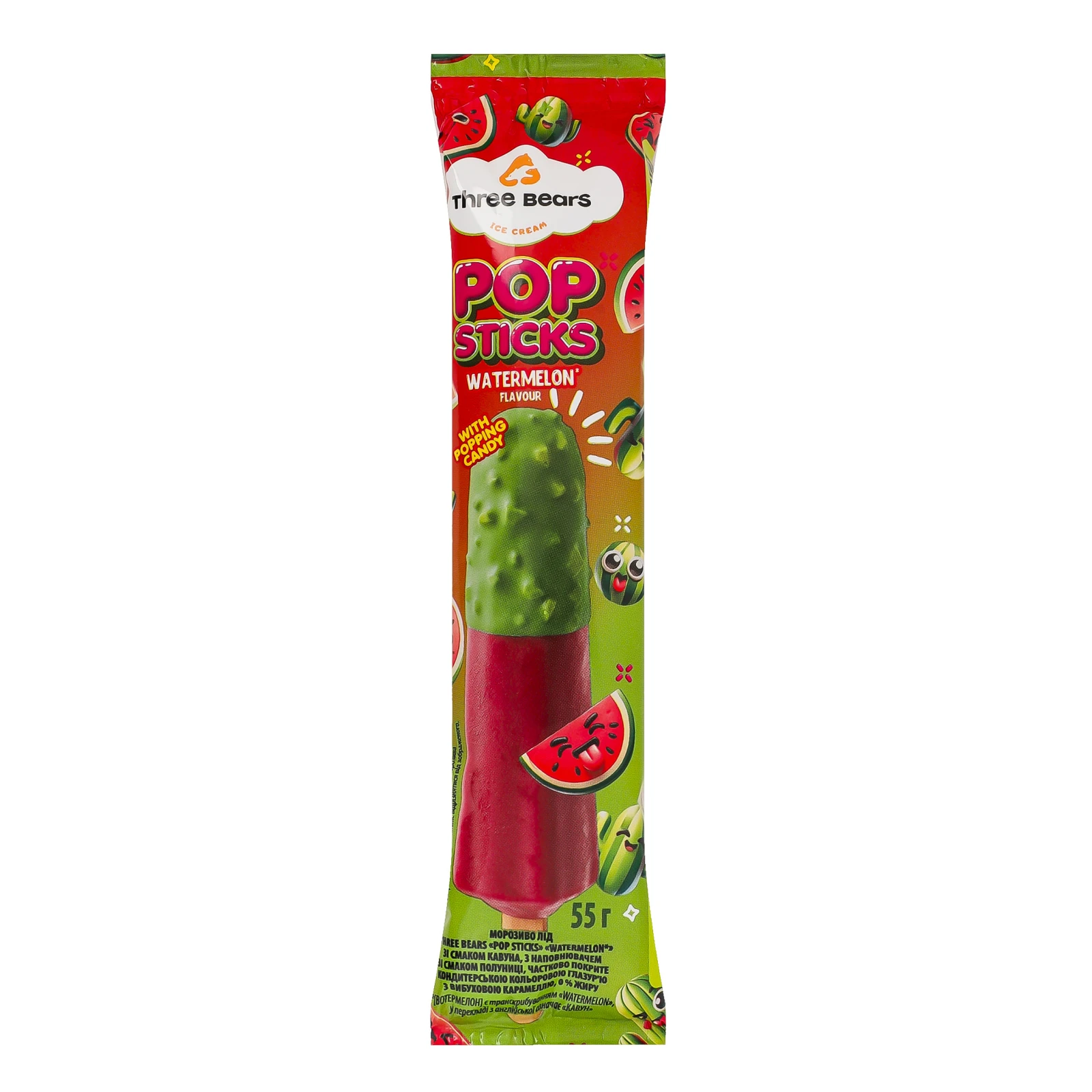 Морозиво Three bears Pop sticks лід з вибуховою карамеллю зі смаком кавуна з наповнювачем зі смаком полуниці 55г Фото №:1
