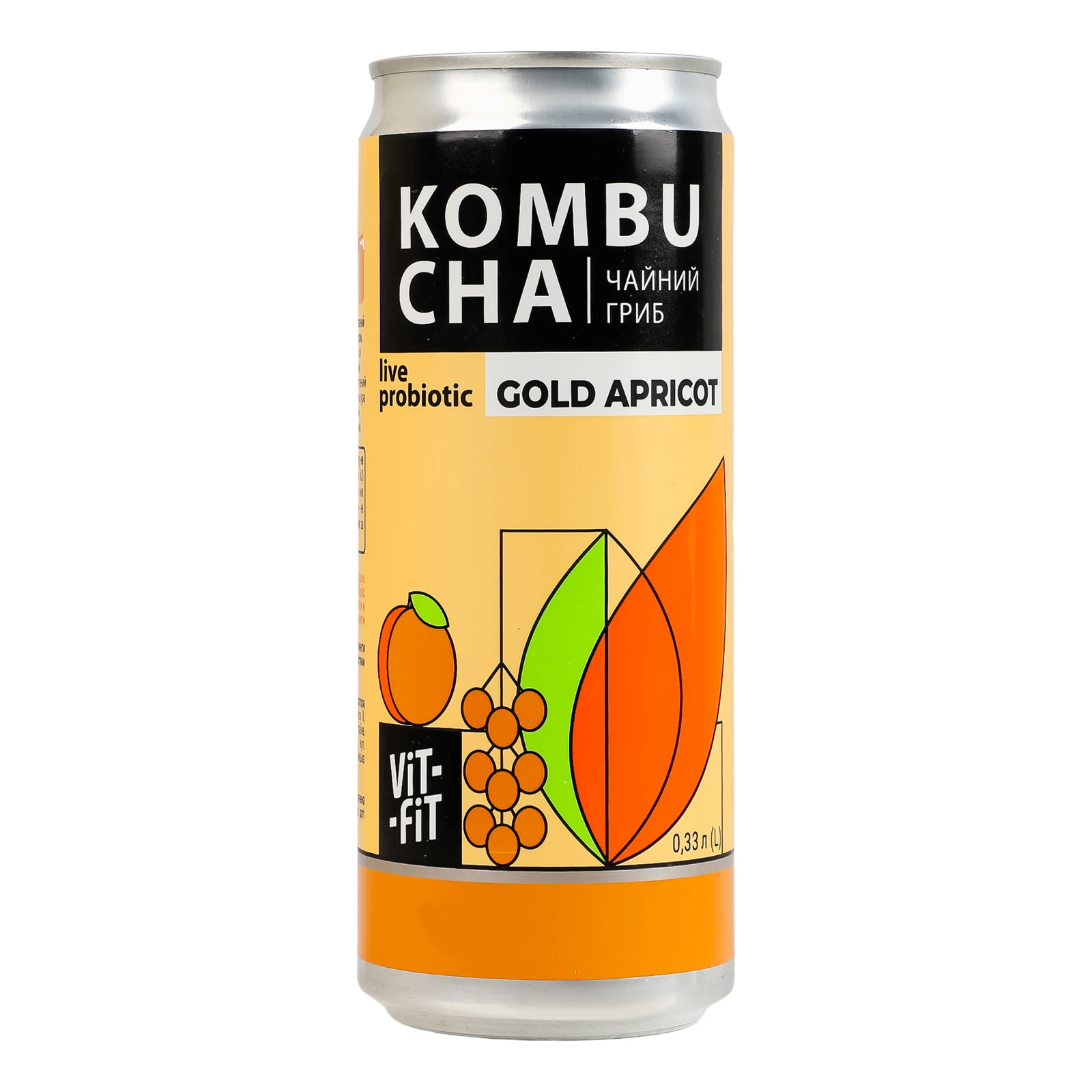 Напій бродіння Vit-Fit Kombucha Чайний гриб фільтрований непастеризований з цукром Gold apricot 330мл Фото №:1