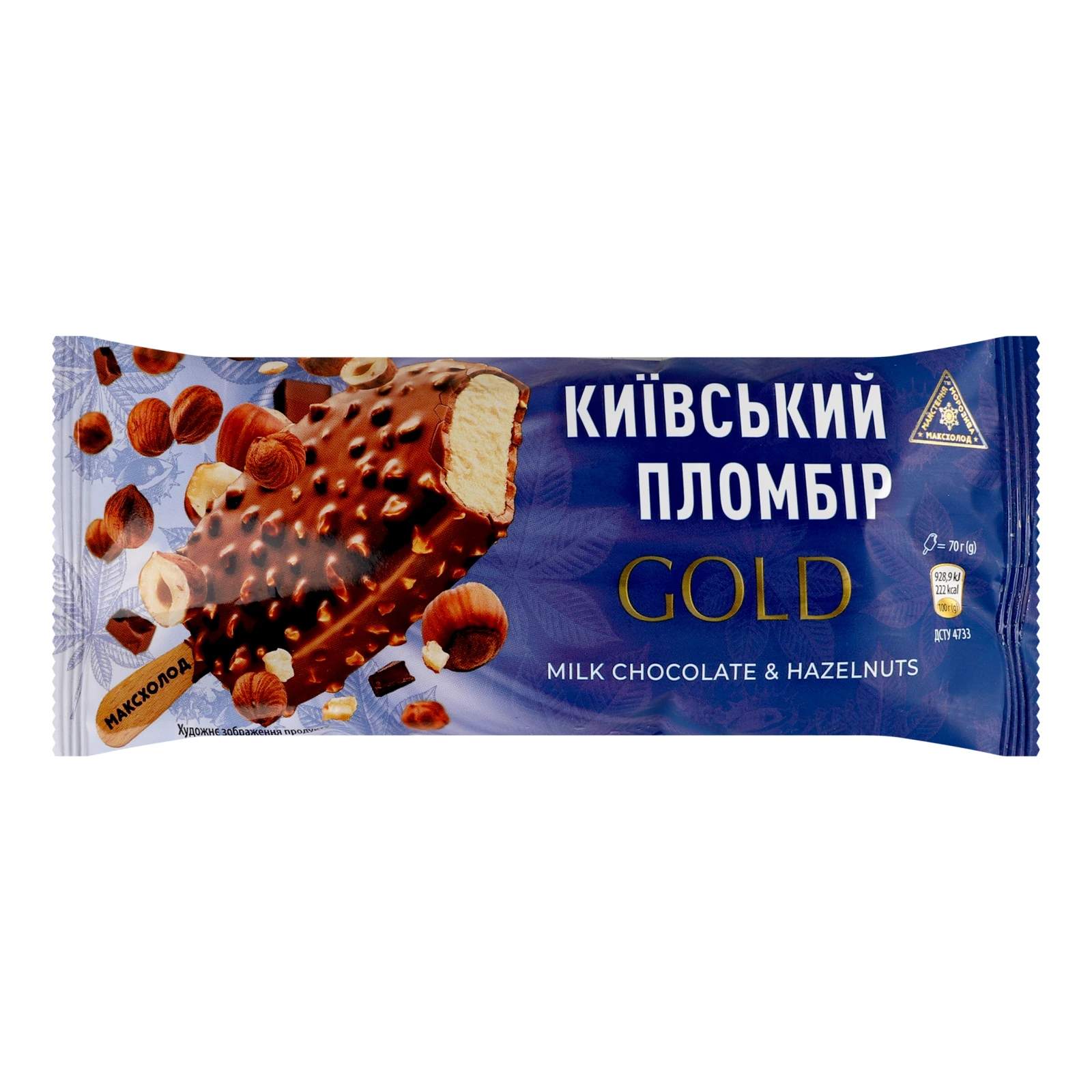 Морозиво Київський пломбір 70г пломбір Gold в молочному шоколаді з фундуком ескімо Новинка