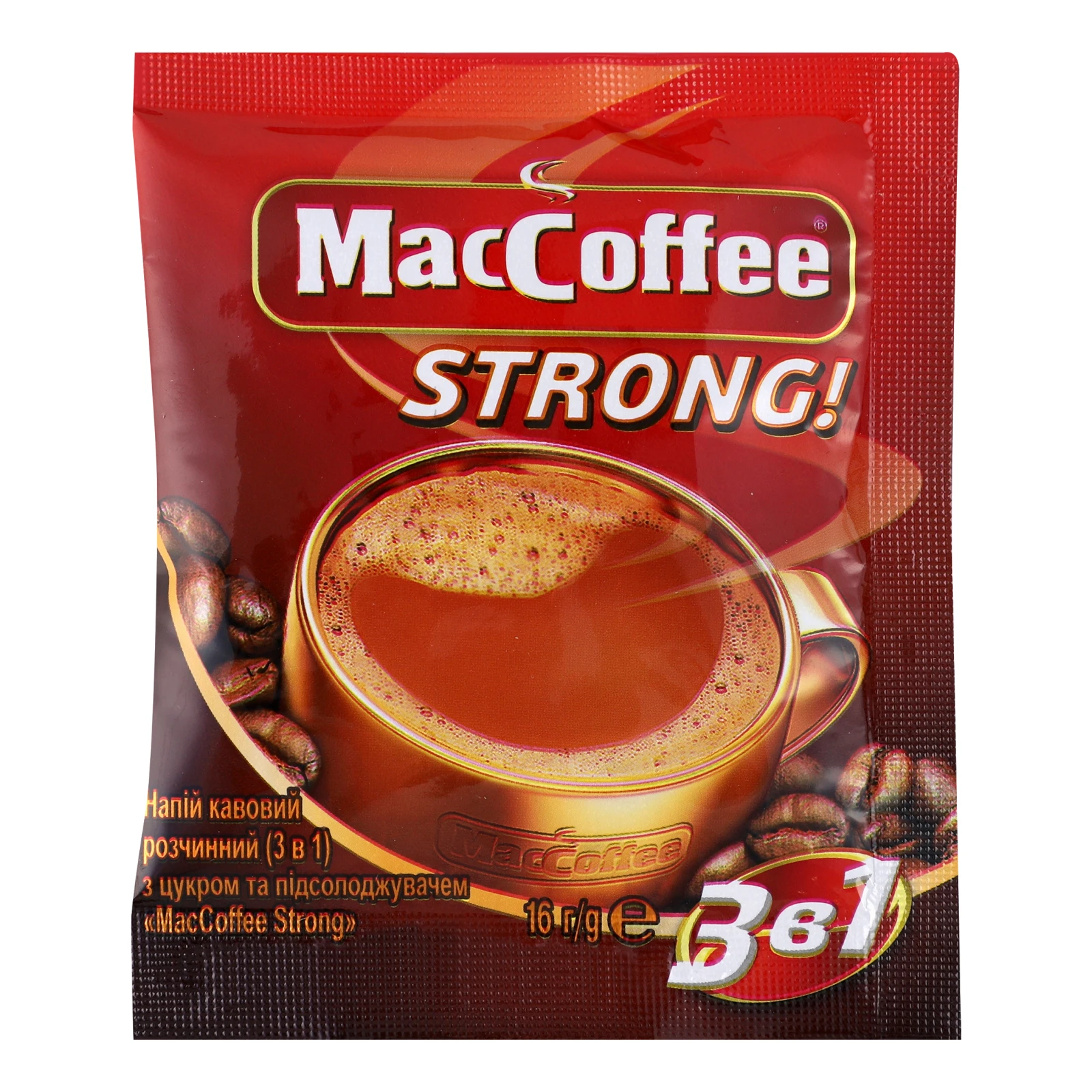 Напій кавовий MacCoffee Strong 3в1 розчинний з цукром та підсолоджувачем 16г Фото №:1
