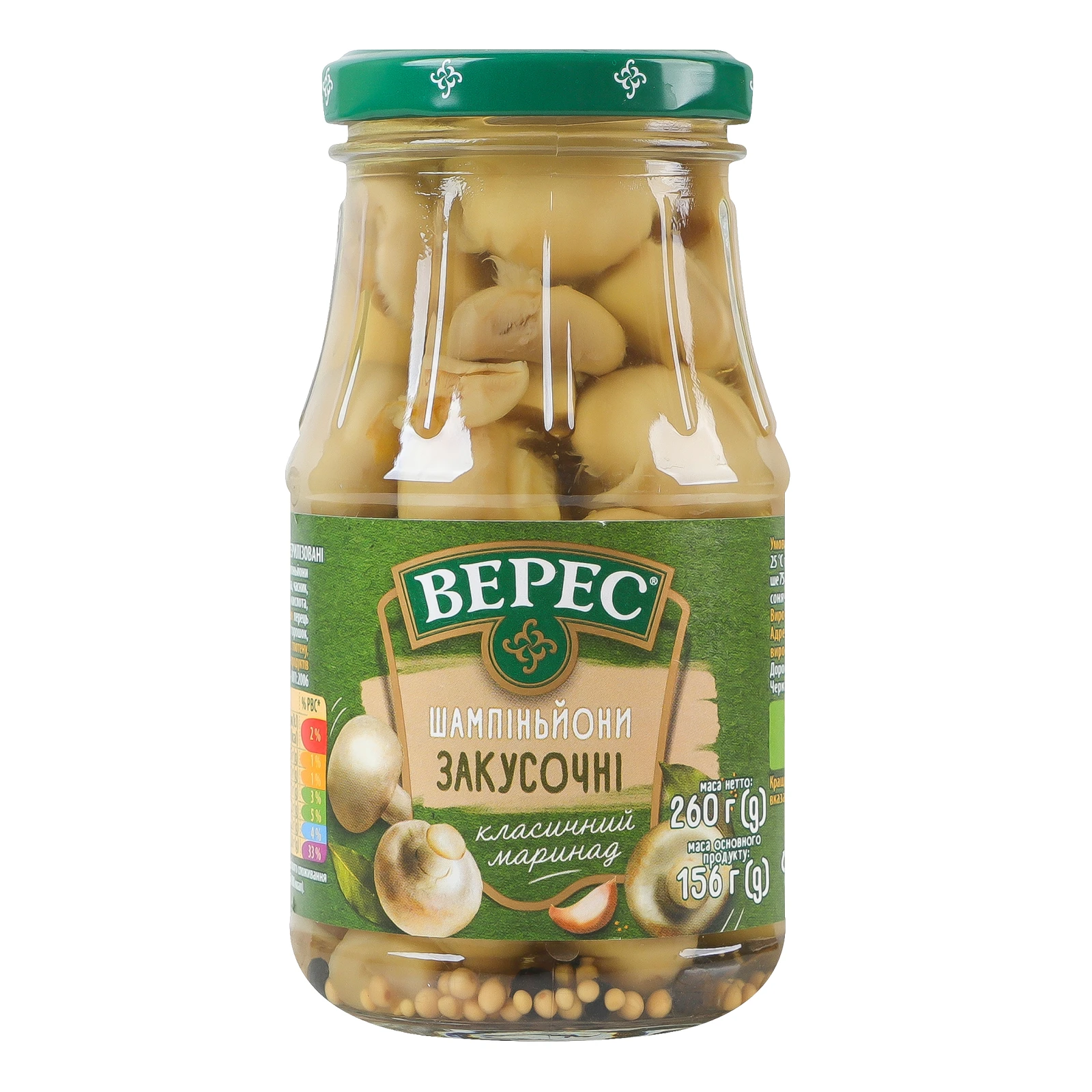 Шампіньйони Верес Закусочні мариновані стерилізовані 260г Фото №:1
