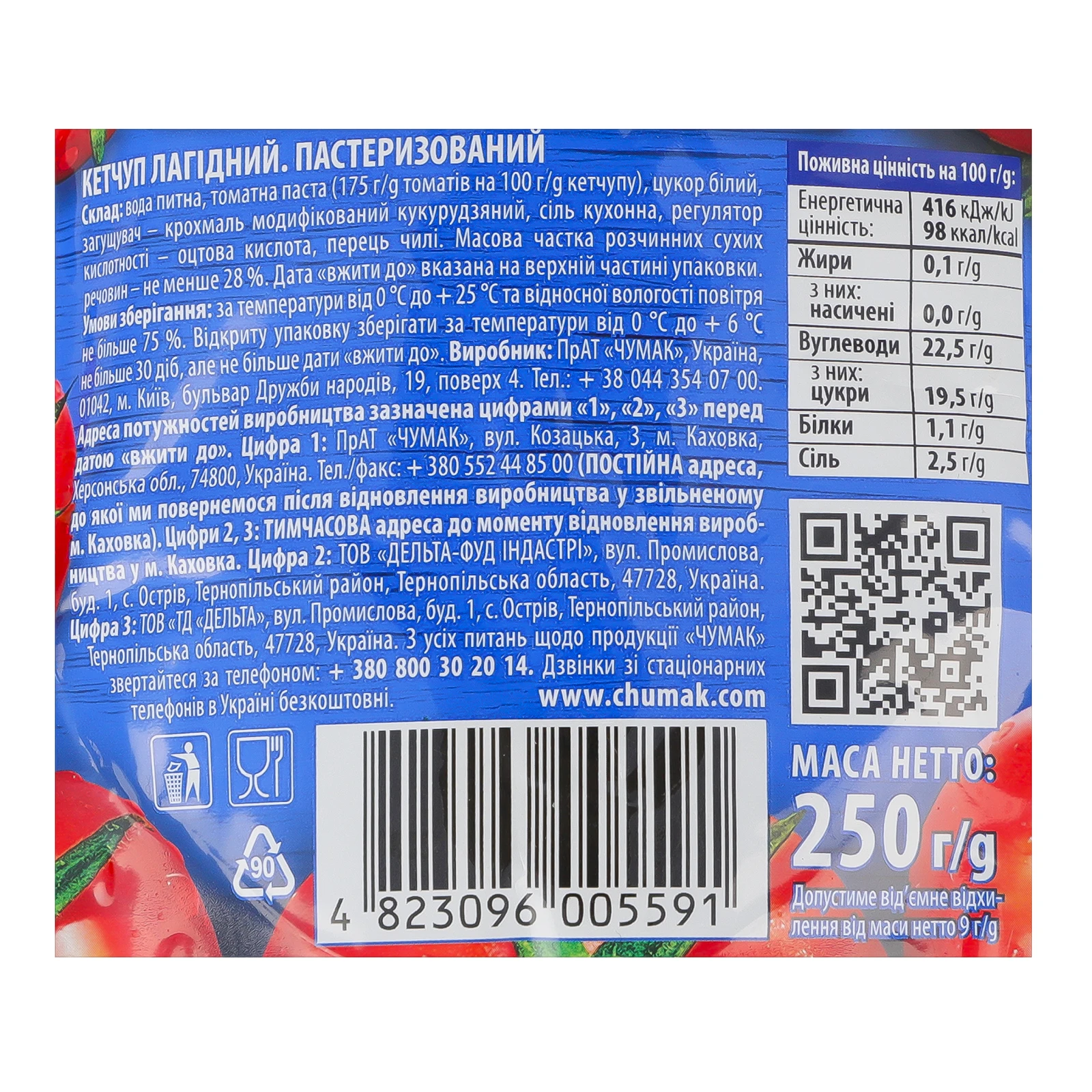 Кетчуп Чумак Лагідний пастеризований 250г Фото №:3