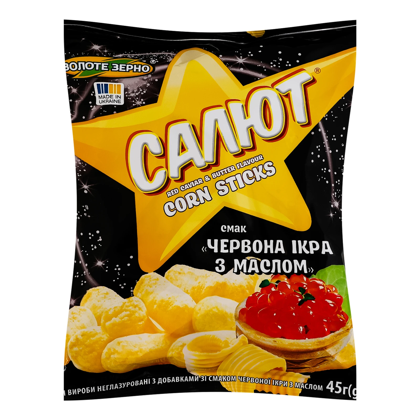 Палички кукурудзяні Золоте Зерно Салют неглазуровані зі смаком червоної ікри з маслом 45г Фото №:1