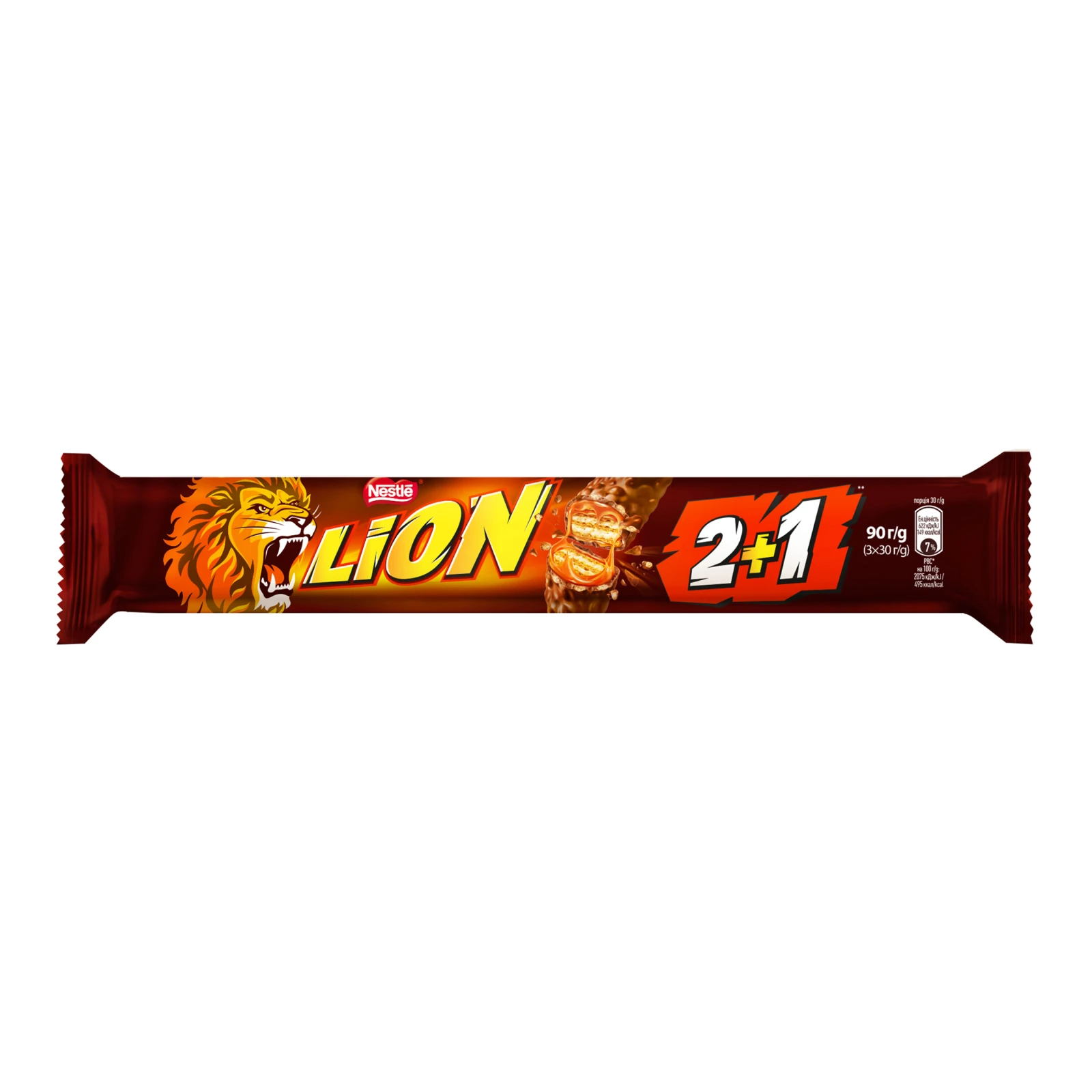 Батончик Lion з м'якою карамеллю та пластівцями, вкритий глазур'ю 3х30г