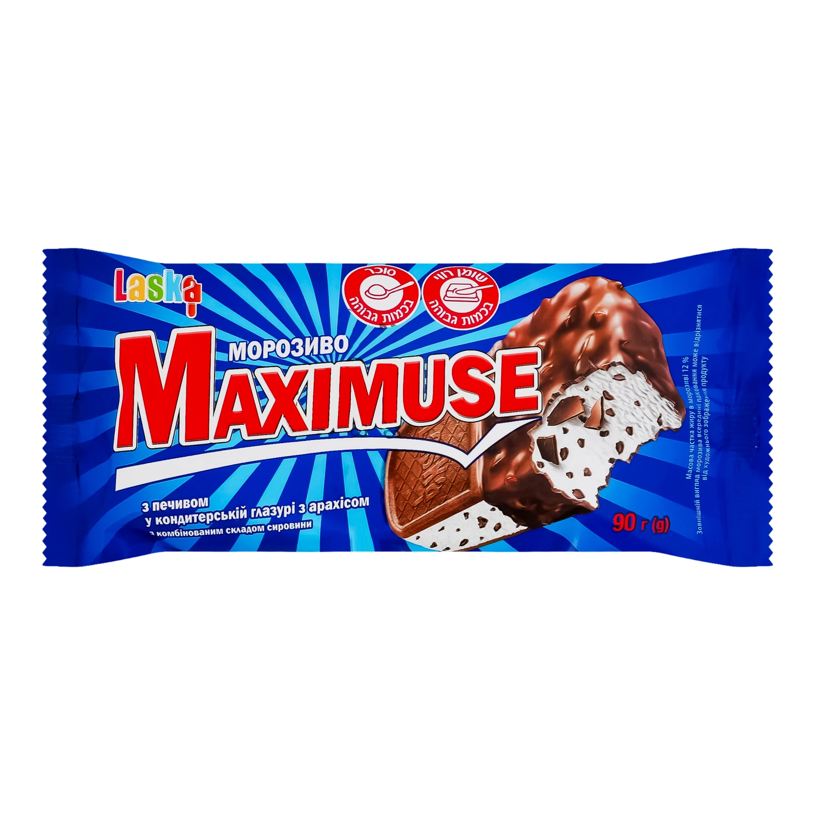 Морозиво Laska Maximuse з печивом у кондитерській глазурі з арахісом 12% 90г
