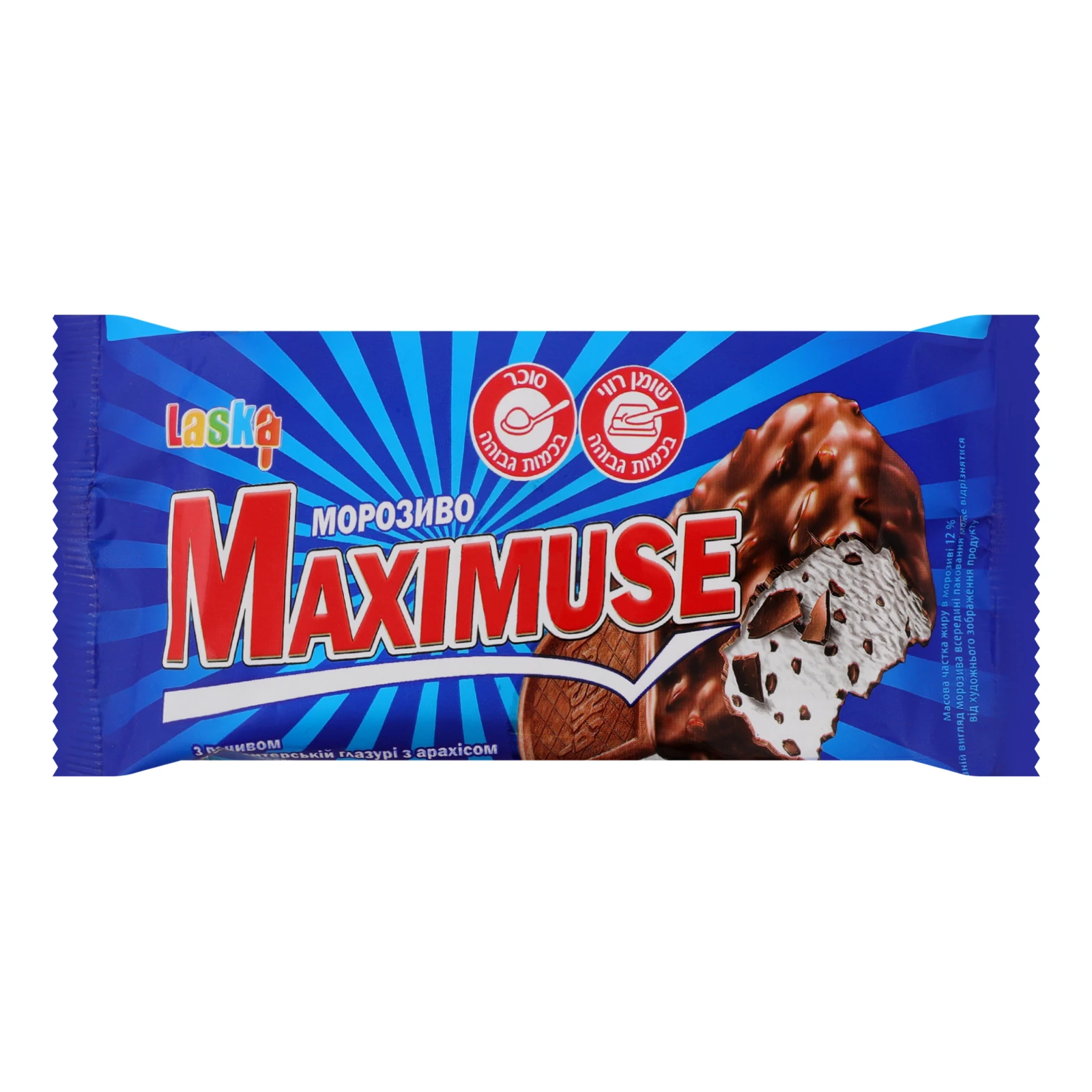 Морозиво Laska Maximuse з печивом у кондитерській глазурі з арахісом 12% 90г Фото №:1