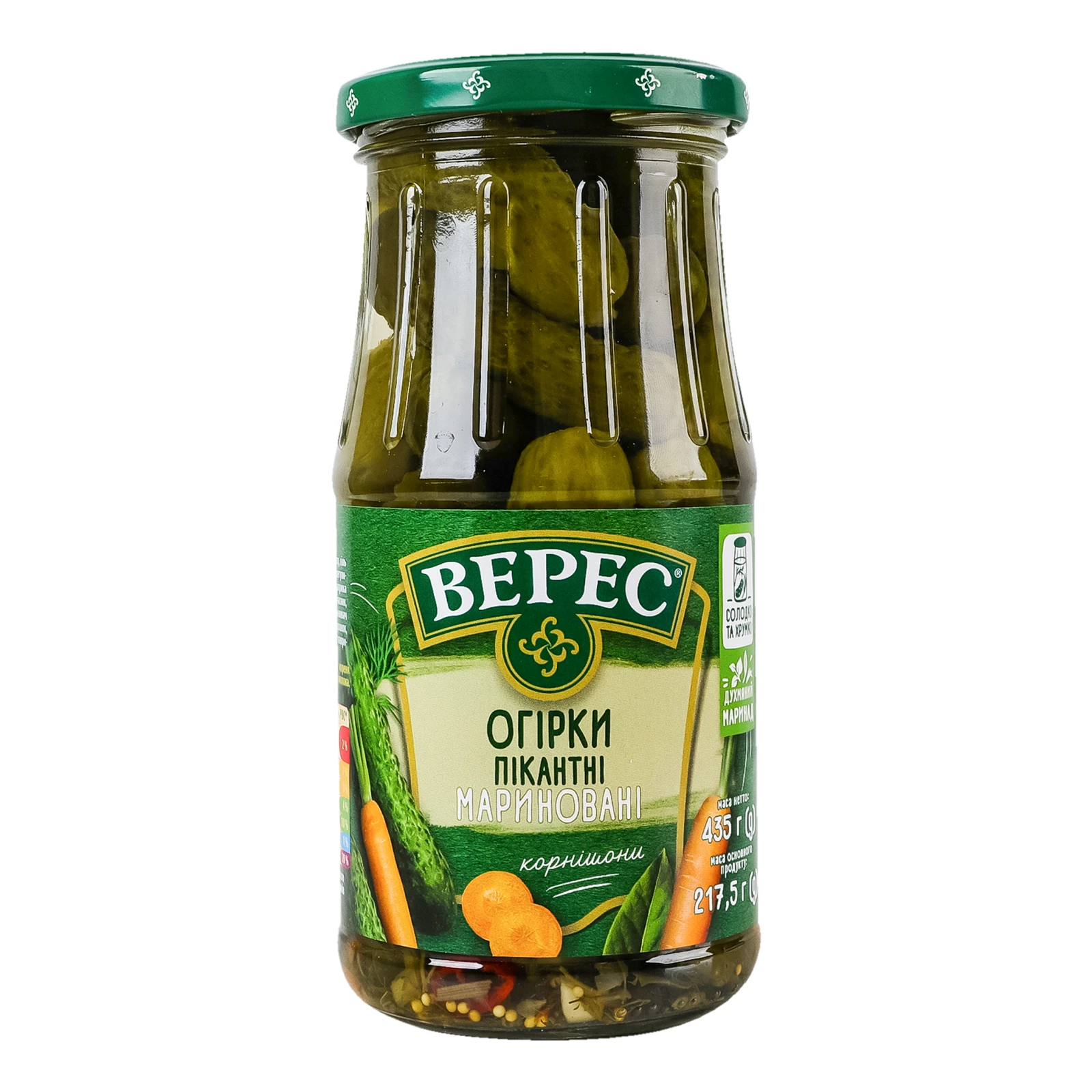 Огірки Верес Пікантні мариновані корнішони стерилізовані 435г Фото №:1