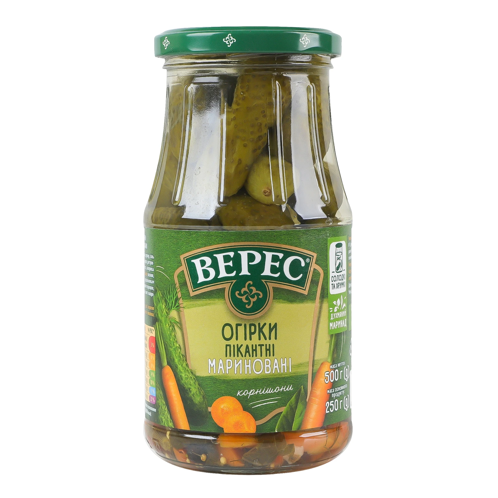 Огірки Верес Пікантні мариновані стерилізовані 500г Фото №:1